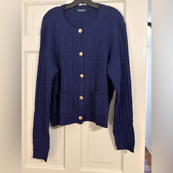 Large Navy Waffle Knit gold Button pockets Cardigan New England Coastal vibe - Picture 2 of 5